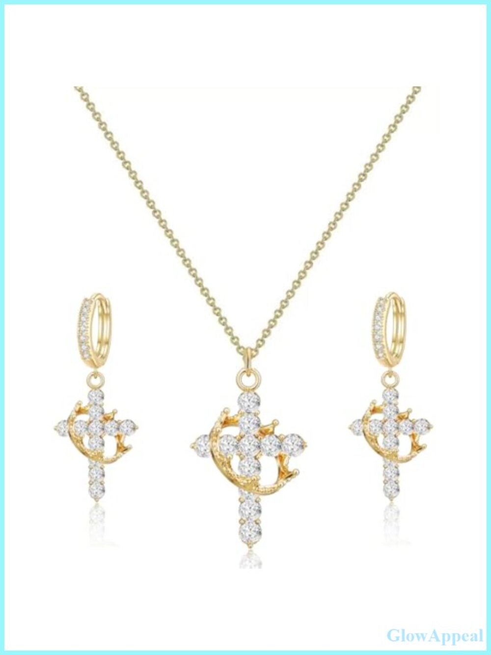 14k Gold Plated Cubic Zirconia Crown Cross Necklace Earring Set Women